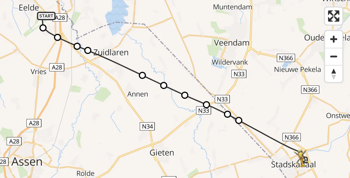 Vluchtroute Traumahelikopter Groningen Airport Eelde - Stadskanaal, 14 juni 2026, 04:15