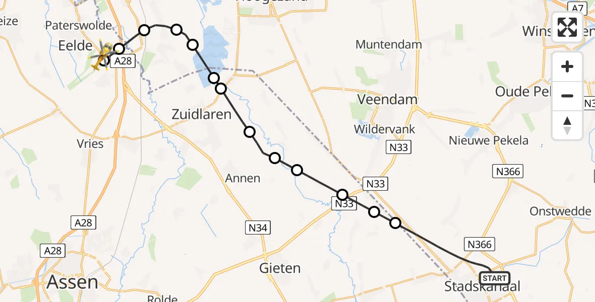 Vluchtroute Traumahelikopter Stadskanaal - Groningen Airport Eelde, 14 juni 2026, 05:01