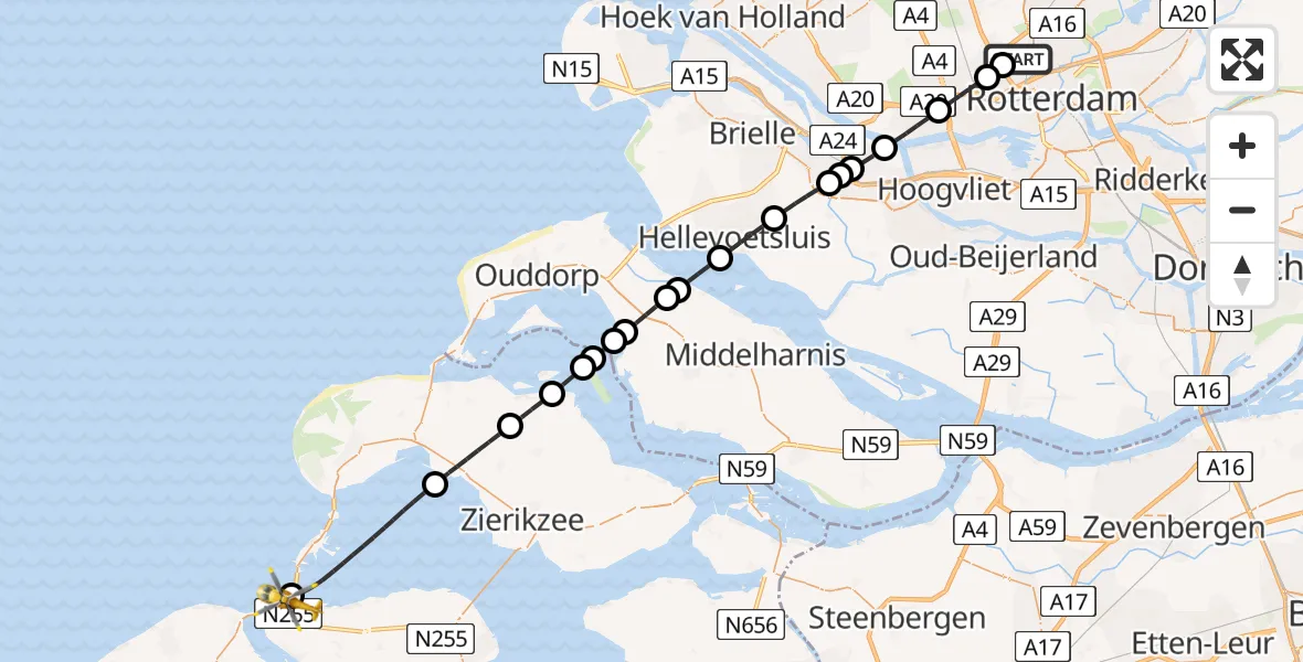 Vluchtroute Traumahelikopter Rotterdam The Hague Airport - Kamperland, 14 juni 2026, 08:31