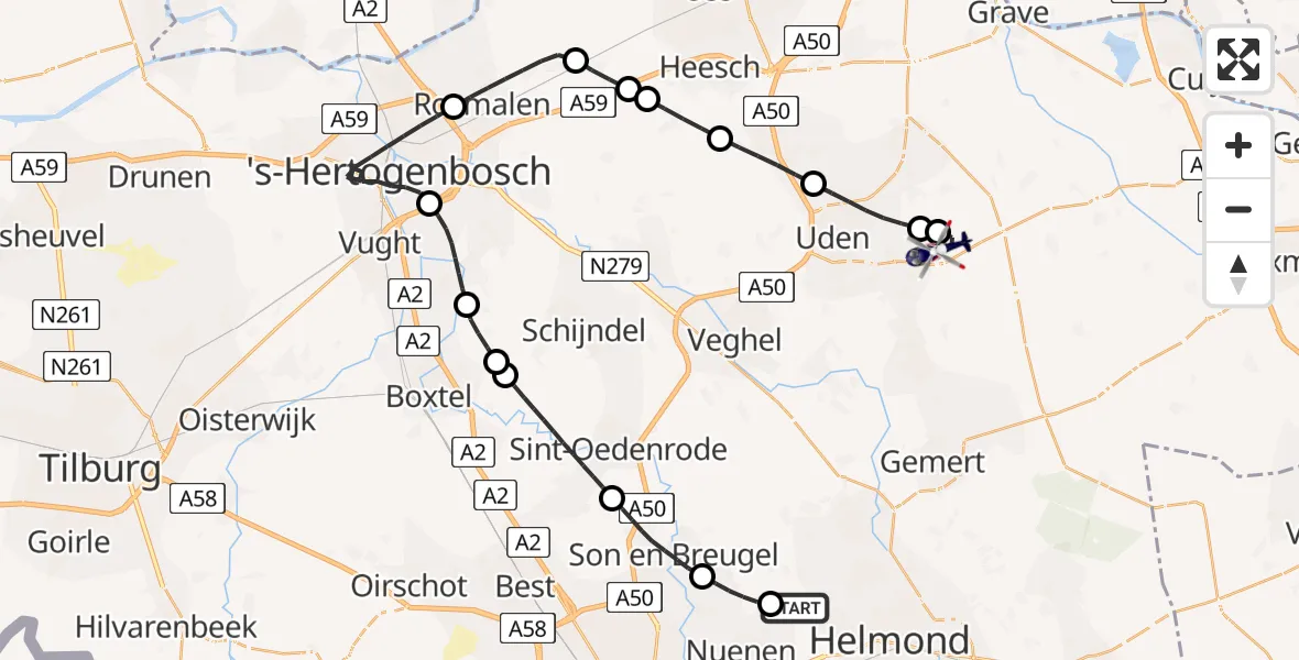 Vluchtroute Politiehelikopter Helmond - Vliegbasis Volkel, 14 juni 2026, 08:51