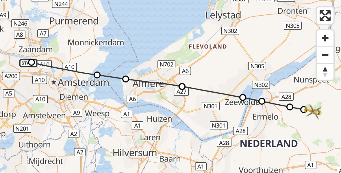 Vluchtroute Traumahelikopter Amsterdam Heliport - Elspeet, 14 juni 2026, 09:30