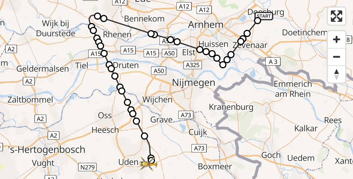 Vluchtroute Traumahelikopter Doesburg - Vliegbasis Volkel, 14 juni 2026, 09:34