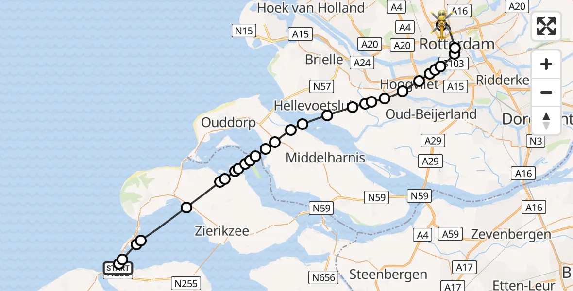 Vluchtroute Traumahelikopter Kamperland - Rotterdam The Hague Airport, 14 juni 2026, 09:52