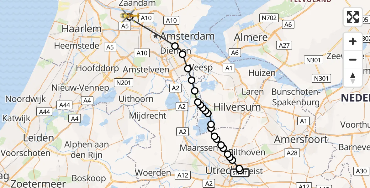 Vluchtroute Traumahelikopter Universitair Medisch Centrum Utrecht - Amsterdam Heliport, 14 juni 2026, 10:45