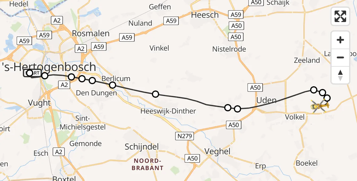 Vluchtroute Traumahelikopter 's-Hertogenbosch - Vliegbasis Volkel, 14 juni 2026, 11:38