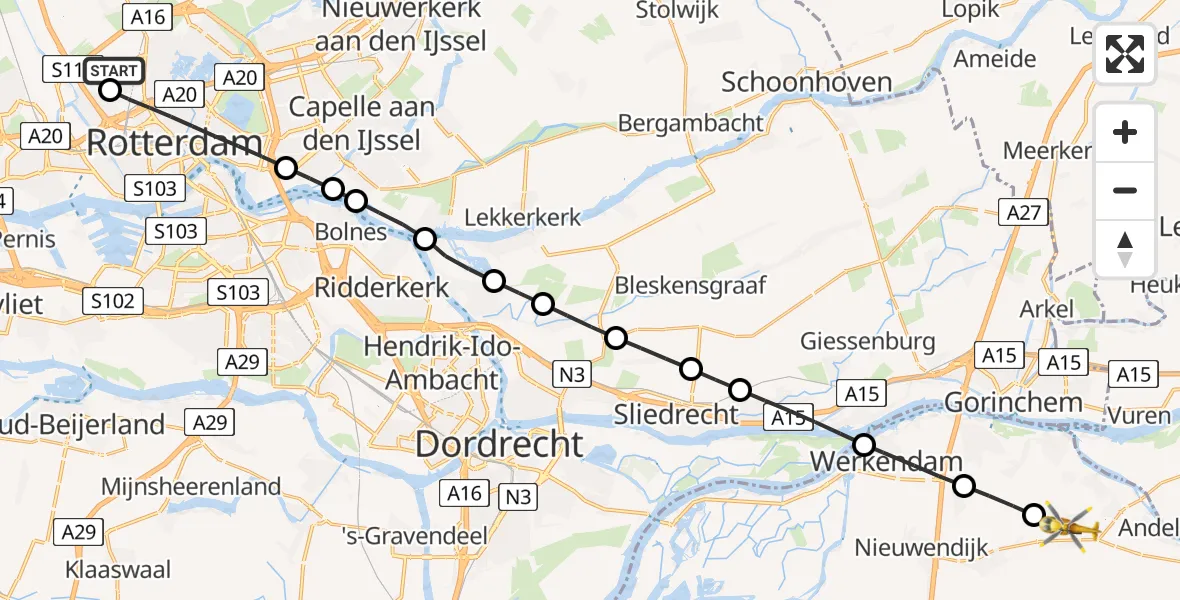 Vluchtroute Traumahelikopter Rotterdam The Hague Airport - Uitwijk, 14 juni 2026, 16:30