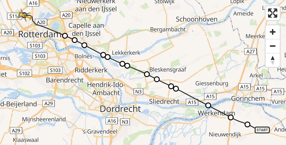 Vluchtroute Traumahelikopter Uitwijk - Rotterdam The Hague Airport, 14 juni 2026, 17:06