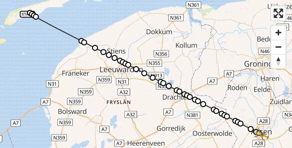 Vluchtroute Ambulancehelikopter Terschelling Heliport - Assen, 14 juni 2026, 17:40