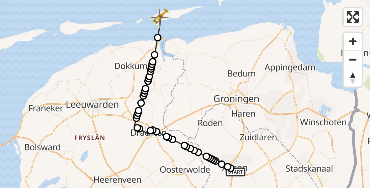 Vluchtroute Ambulancehelikopter Assen - Noordzee, 14 juni 2026, 18:27