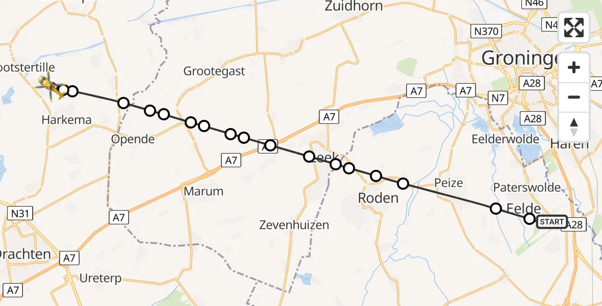 Vluchtroute Traumahelikopter Groningen Airport Eelde - Drogeham, 14 juni 2026, 18:40