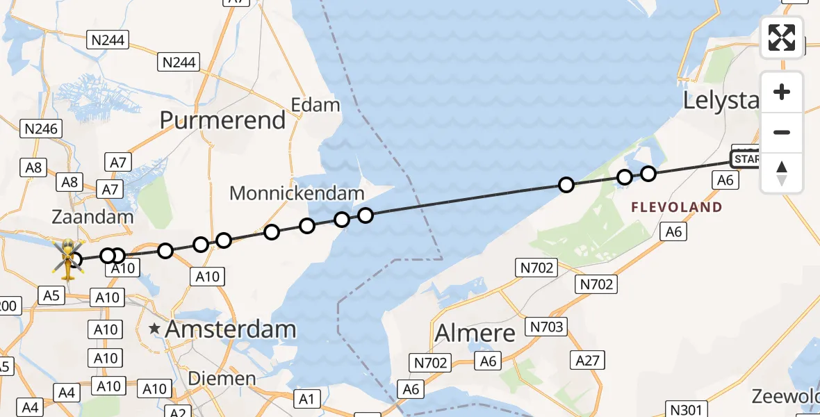 Vluchtroute Traumahelikopter Lelystad - Amsterdam Heliport, 14 juni 2026, 18:58