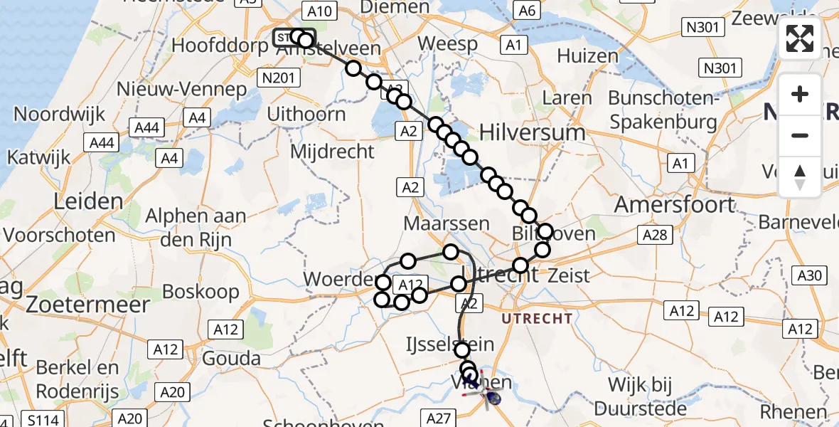 Vluchtroute Politiehelikopter Amsterdam Vliegveld Schiphol - Vianen, 14 juni 2026, 19:00