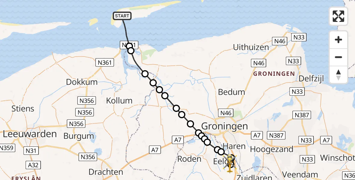 Vluchtroute Ambulancehelikopter Noordzee - Groningen Airport Eelde, 14 juni 2026, 19:11