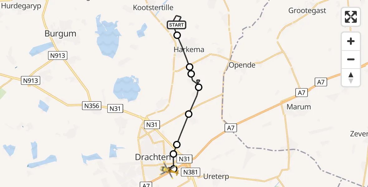 Vluchtroute Traumahelikopter Drogeham - Nij Smellinghe Hospital Heliport, 14 juni 2026, 19:29
