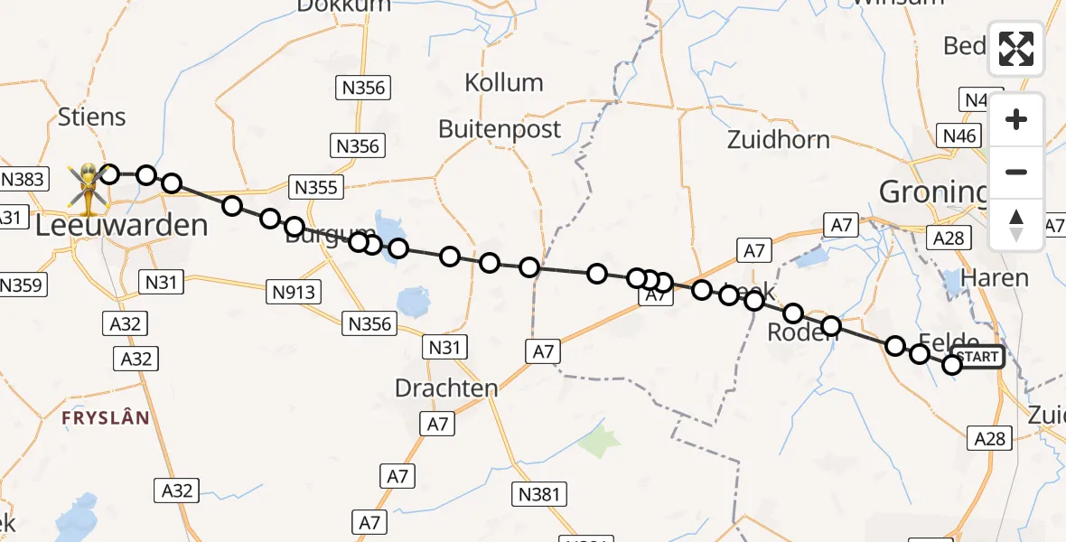 Vluchtroute Ambulancehelikopter Groningen Airport Eelde - Vliegbasis Leeuwarden, 14 juni 2026, 19:39