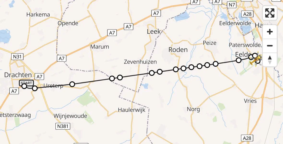Vluchtroute Traumahelikopter Nij Smellinghe Hospital Heliport - Groningen Airport Eelde, 14 juni 2026, 19:57