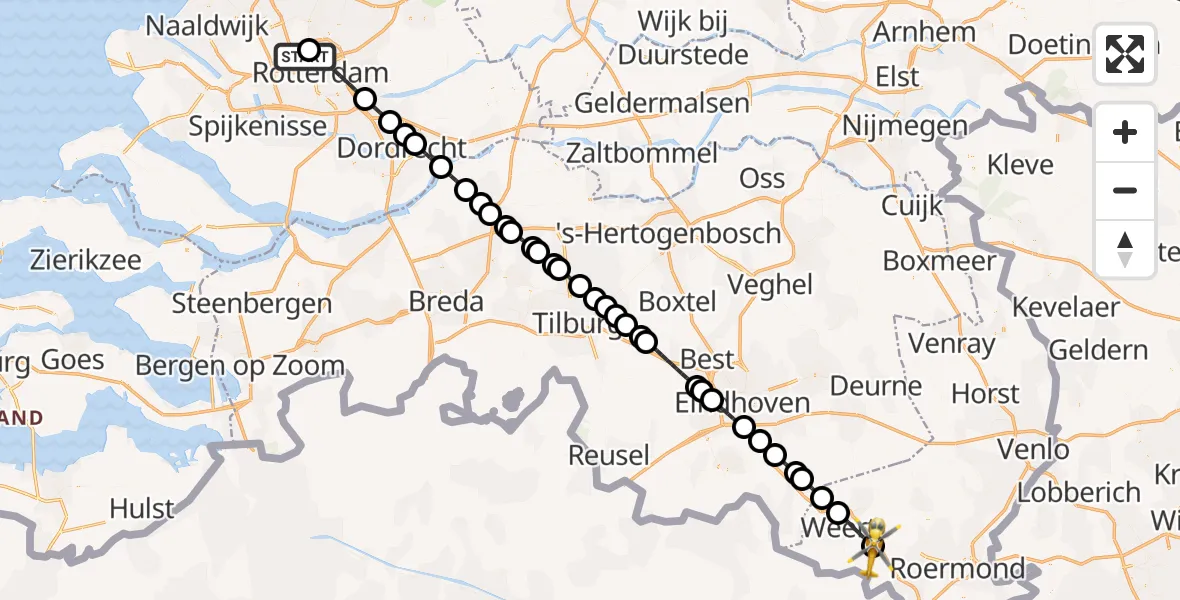 Vluchtroute Traumahelikopter Rotterdam The Hague Airport - Ell, 14 juni 2026, 20:55