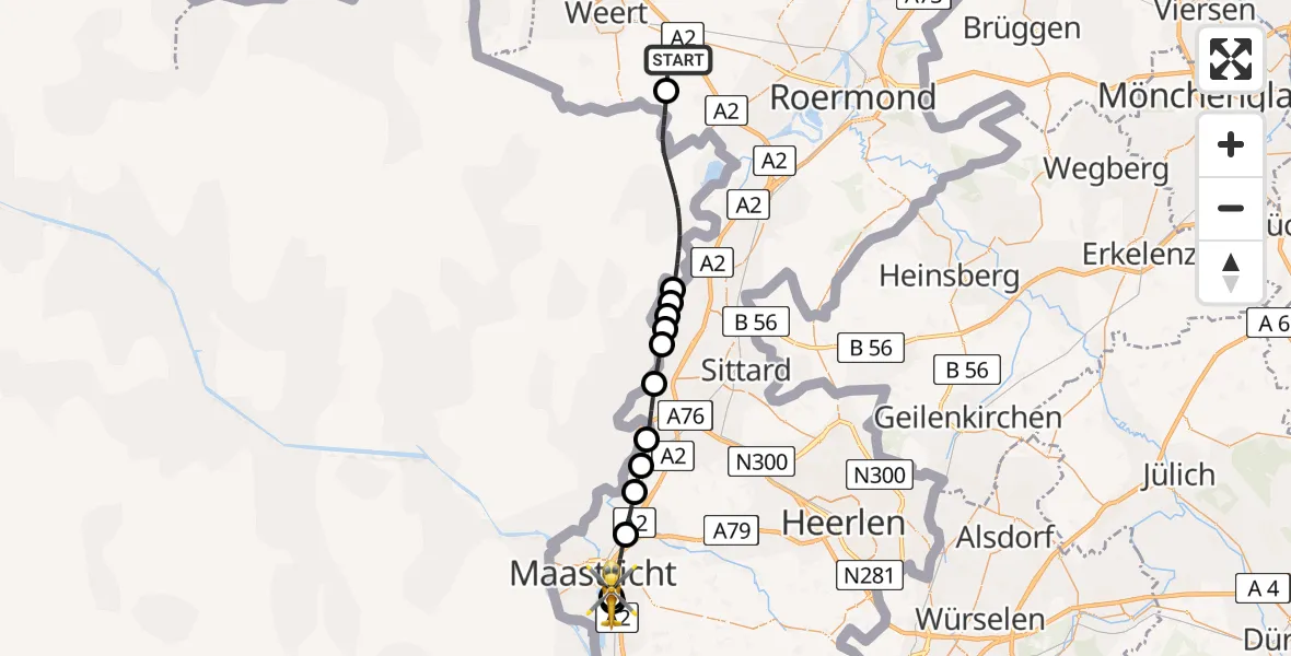 Vluchtroute Traumahelikopter Ell - Maastricht UMC+, 14 juni 2026, 21:51