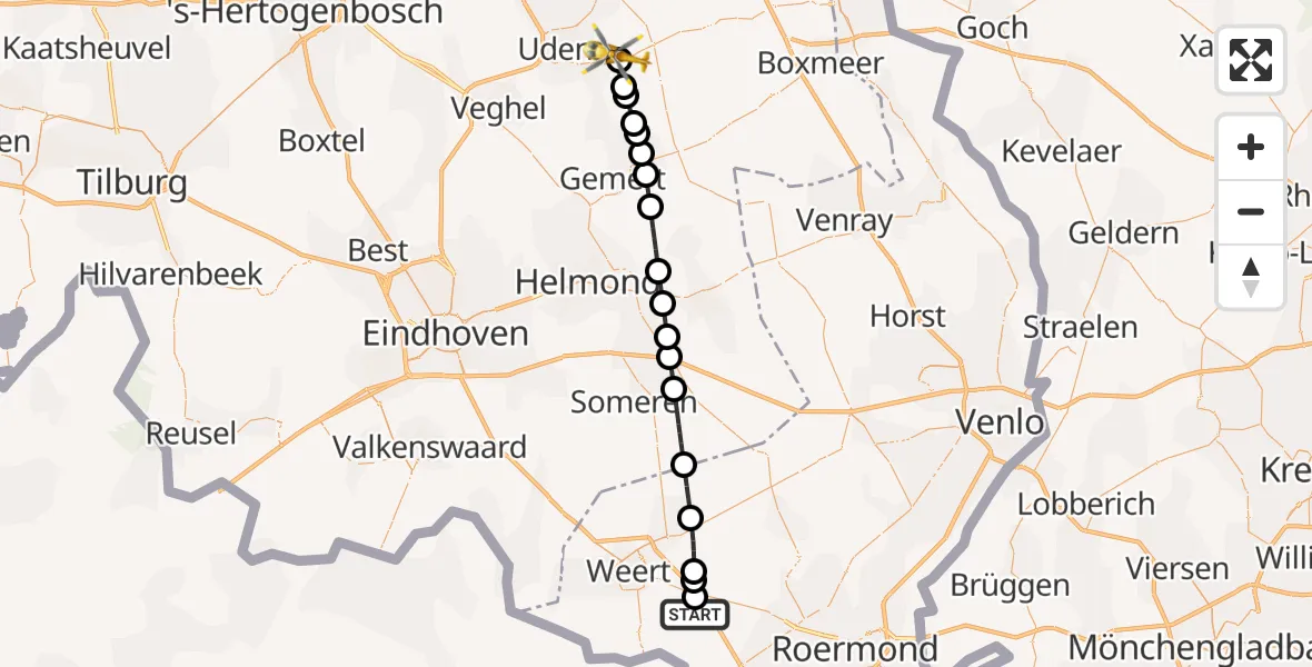 Vluchtroute Traumahelikopter Ell - Vliegbasis Volkel, 14 juni 2026, 21:52