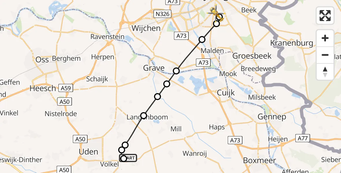 Vluchtroute Traumahelikopter Vliegbasis Volkel - Radboud University Medical Center Heliport, 14 juni 2026, 22:21