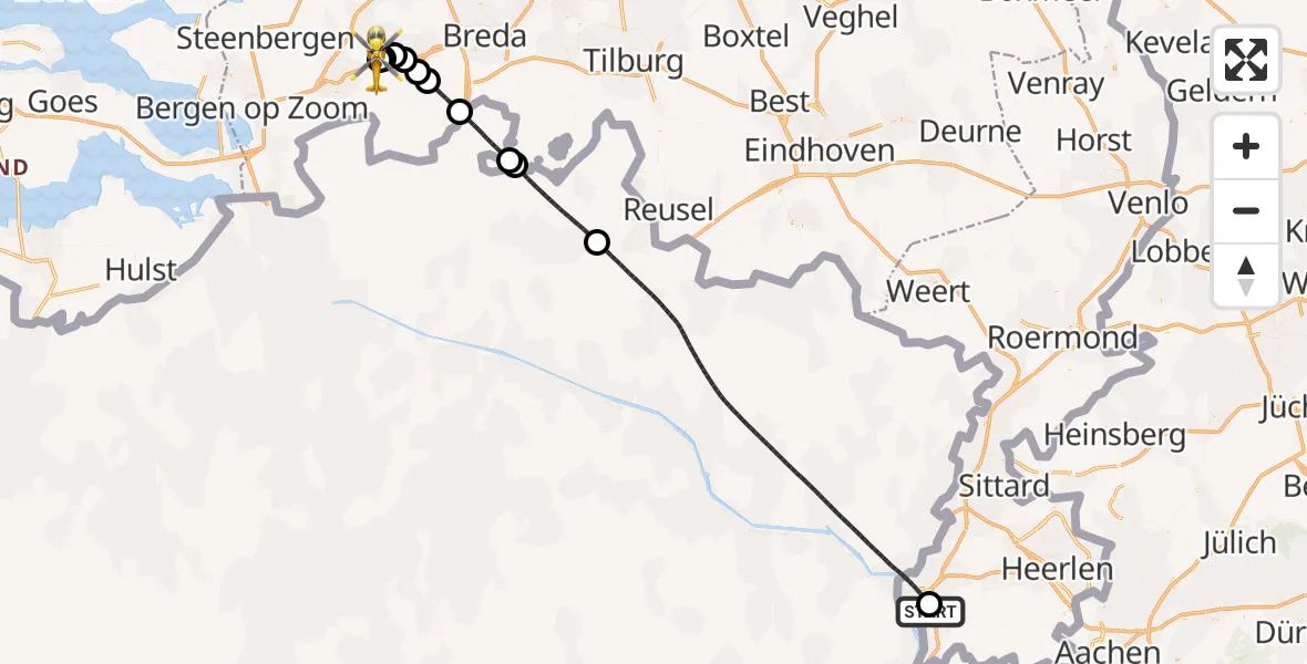 Vluchtroute Traumahelikopter Maastricht UMC+ - Breda International Airport, 14 juni 2026, 22:42