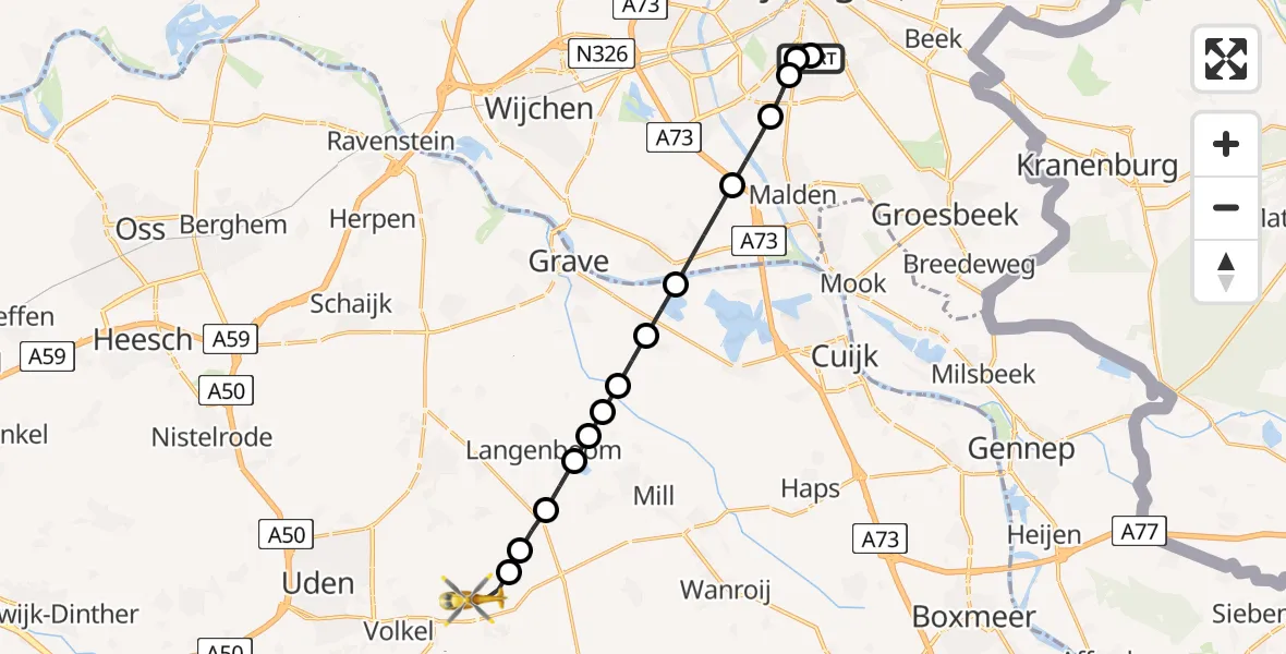 Vluchtroute Traumahelikopter Radboud Universitair Medisch Centrum - Vliegbasis Volkel, 14 juni 2026, 22:53