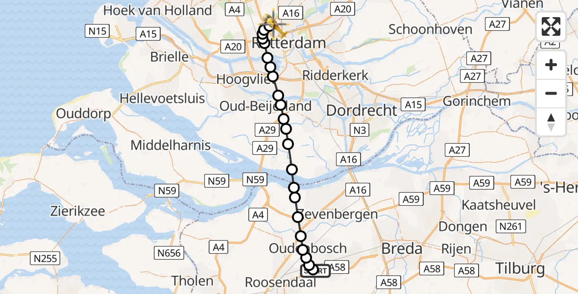 Vluchtroute Traumahelikopter Breda International Airport - Rotterdam The Hague Airport, 14 juni 2026, 23:35