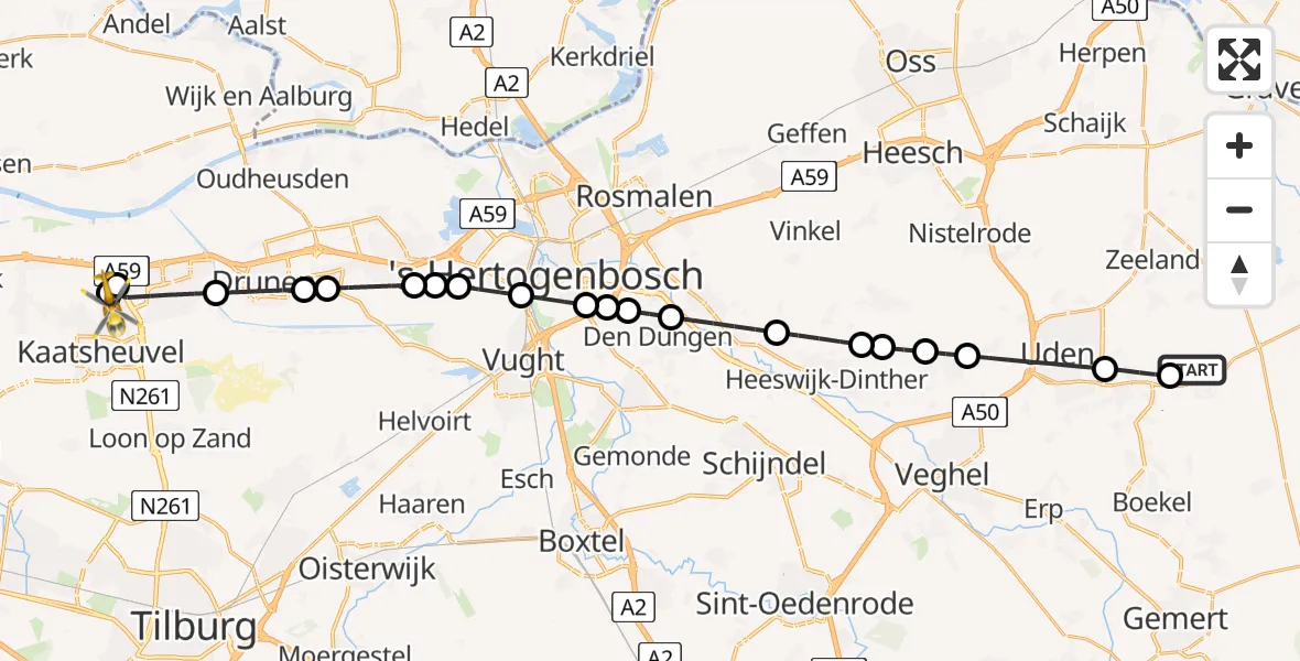Vluchtroute Traumahelikopter Vliegbasis Volkel - Waalwijk, 15 juni 2026, 02:26
