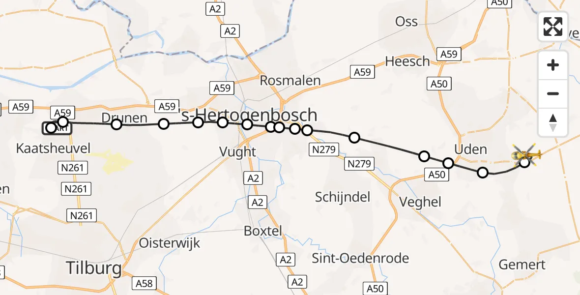 Vluchtroute Traumahelikopter Waalwijk - Vliegbasis Volkel, 15 juni 2026, 03:01