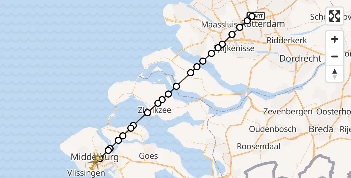 Vluchtroute Traumahelikopter Rotterdam The Hague Airport - Middelburg, 15 juni 2026, 03:50