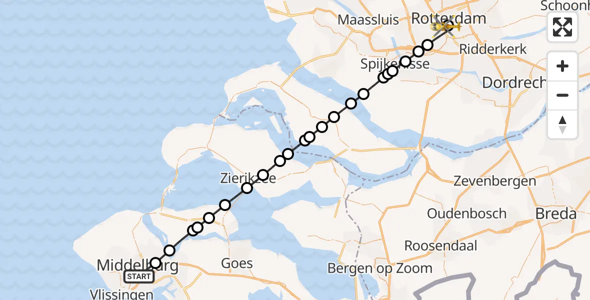 Vluchtroute Traumahelikopter Middelburg - Leids Universitair Medisch Centrum (LUMC), 15 juni 2026, 04:43