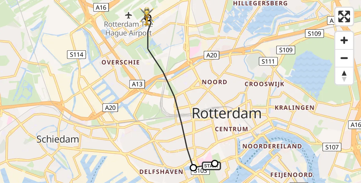 Vluchtroute Traumahelikopter Leids Universitair Medisch Centrum (LUMC) - Rotterdam The Hague Airport, 15 juni 2026, 05:35