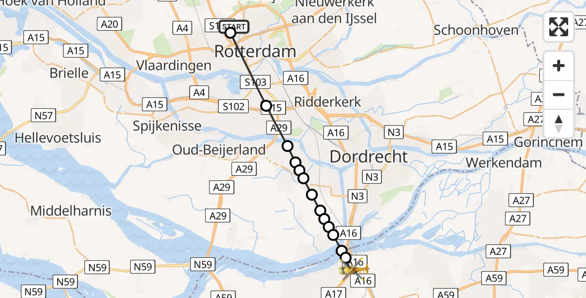 Vluchtroute Traumahelikopter Rotterdam The Hague Airport - Moerdijk, 15 juni 2026, 08:52