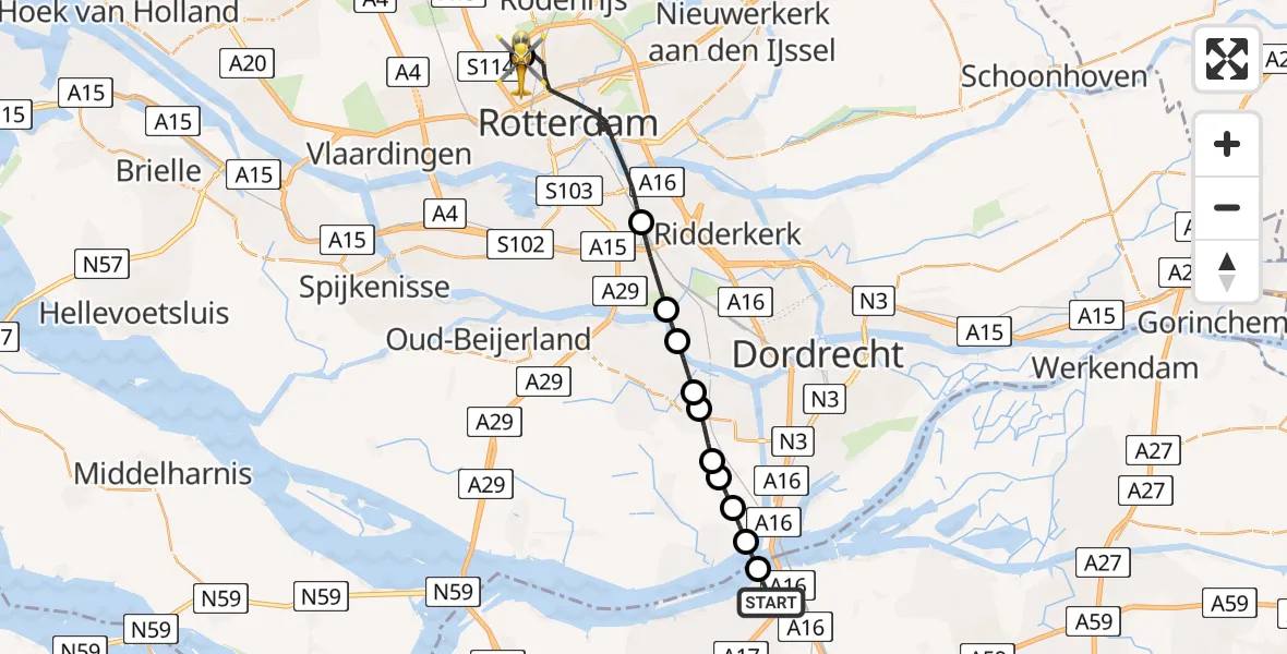 Vluchtroute Traumahelikopter Moerdijk - Rotterdam The Hague Airport, 15 juni 2026, 09:42