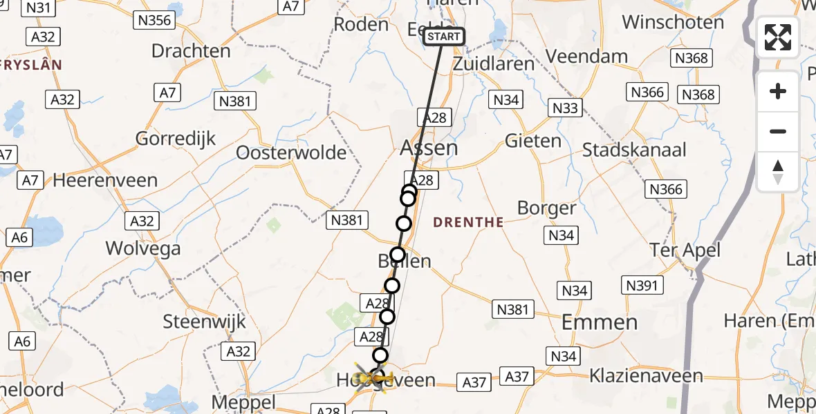 Vluchtroute Traumahelikopter Groningen Airport Eelde - Hoogeveen, 15 juni 2026, 10:45