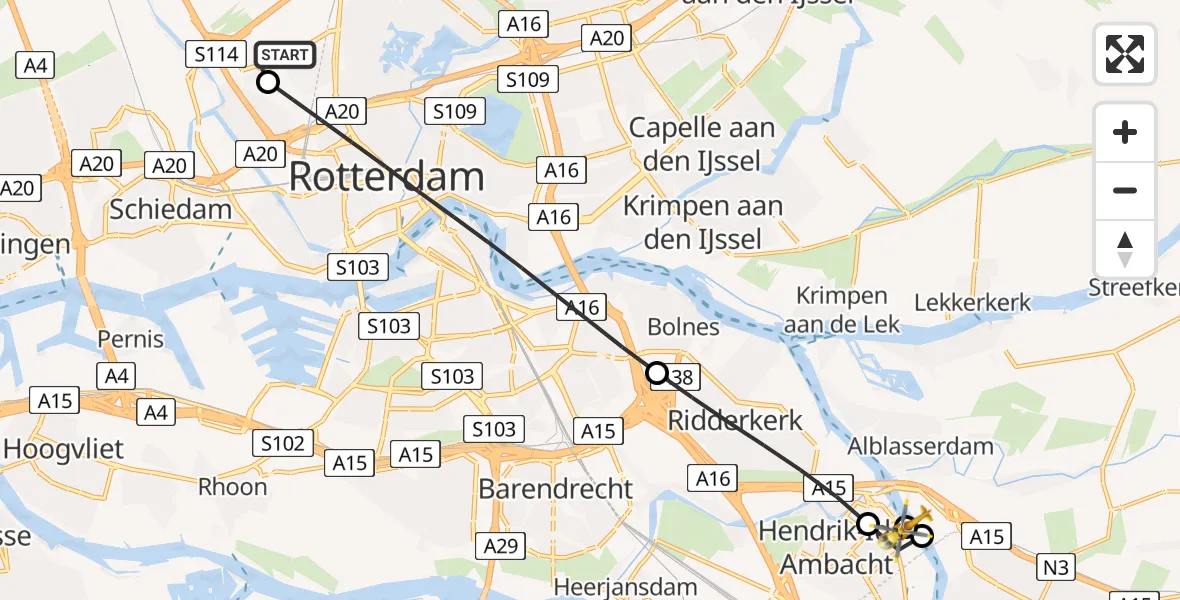 Vluchtroute Traumahelikopter Rotterdam The Hague Airport - Hendrik-Ido-Ambacht, 15 juni 2026, 11:13
