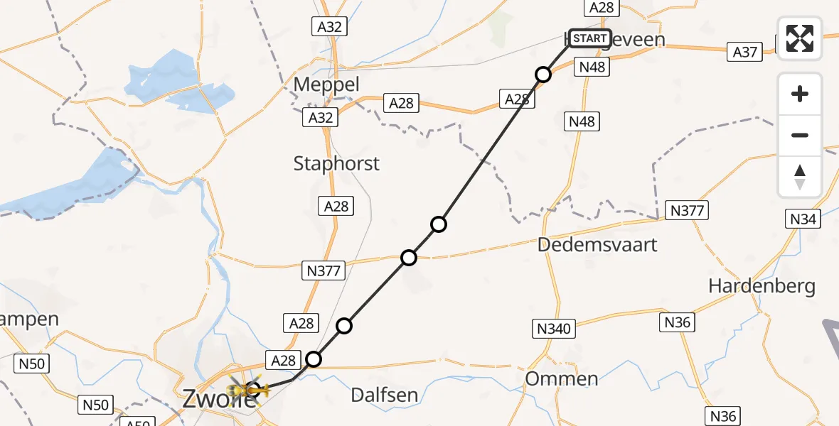 Vluchtroute Traumahelikopter Hoogeveen - Isala Hospital Zwolle Heliport, 15 juni 2026, 11:30