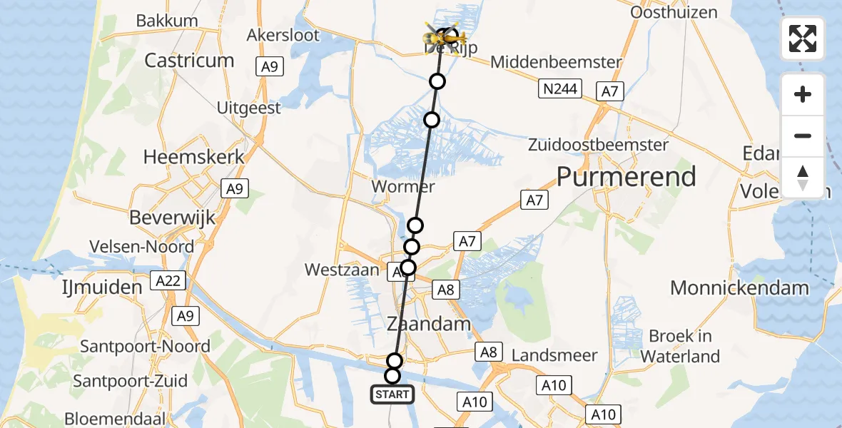 Vluchtroute Traumahelikopter Amsterdam Heliport - De Rijp, 15 juni 2026, 12:22