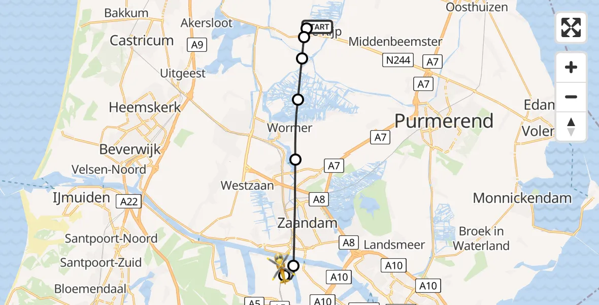 Vluchtroute Traumahelikopter De Rijp - Amsterdam Heliport, 15 juni 2026, 12:45