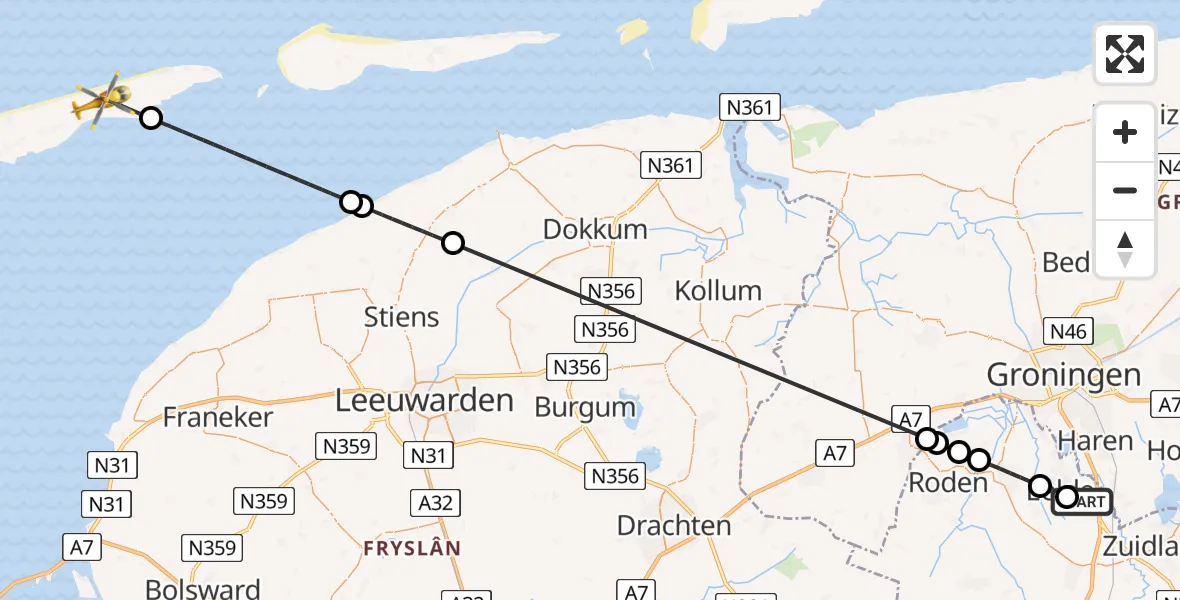 Vluchtroute Traumahelikopter Groningen Airport Eelde - Oosterend, 15 juni 2026, 12:56