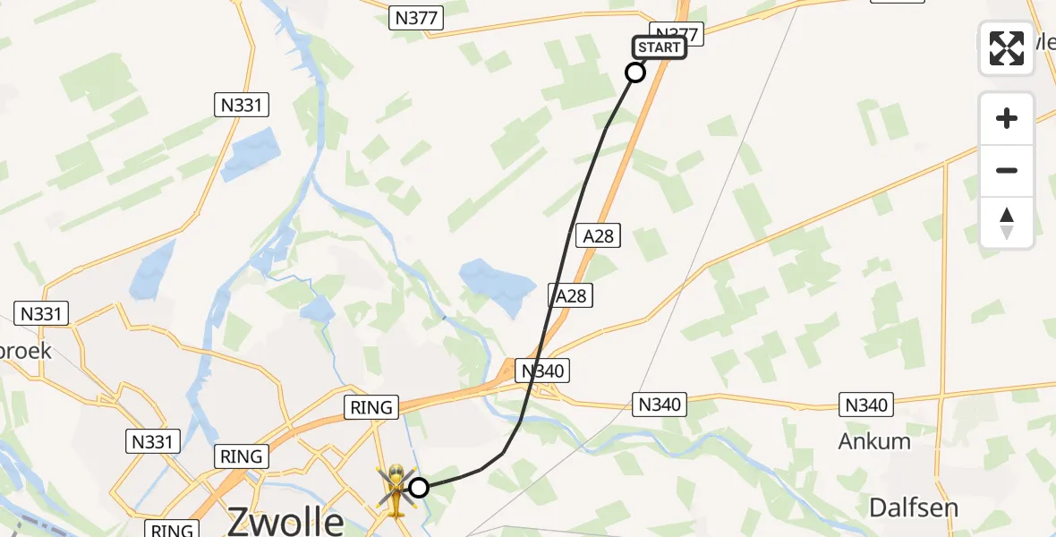 Vluchtroute Traumahelikopter De Koperen Hoogte Helipad - Isala Hospital Zwolle Heliport, 15 juni 2026, 13:21