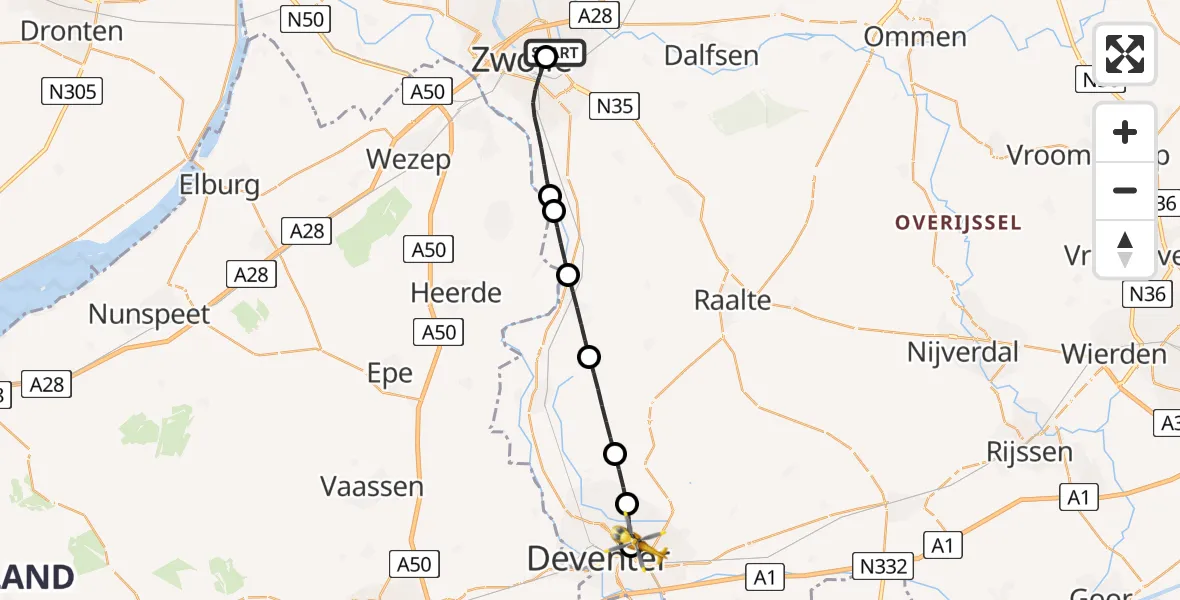 Vluchtroute Traumahelikopter Isala Hospital Zwolle Heliport - Deventer, 15 juni 2026, 13:35