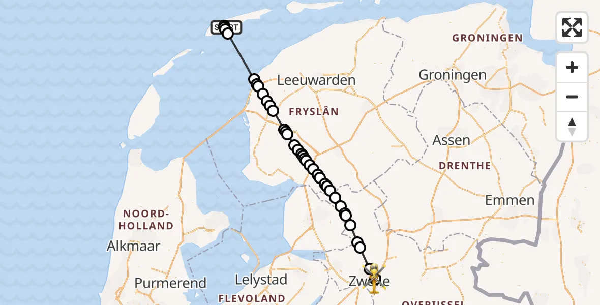 Vluchtroute Ambulancehelikopter Terschelling Heliport - Isala Hospital Zwolle Heliport, 15 juni 2026, 13:38