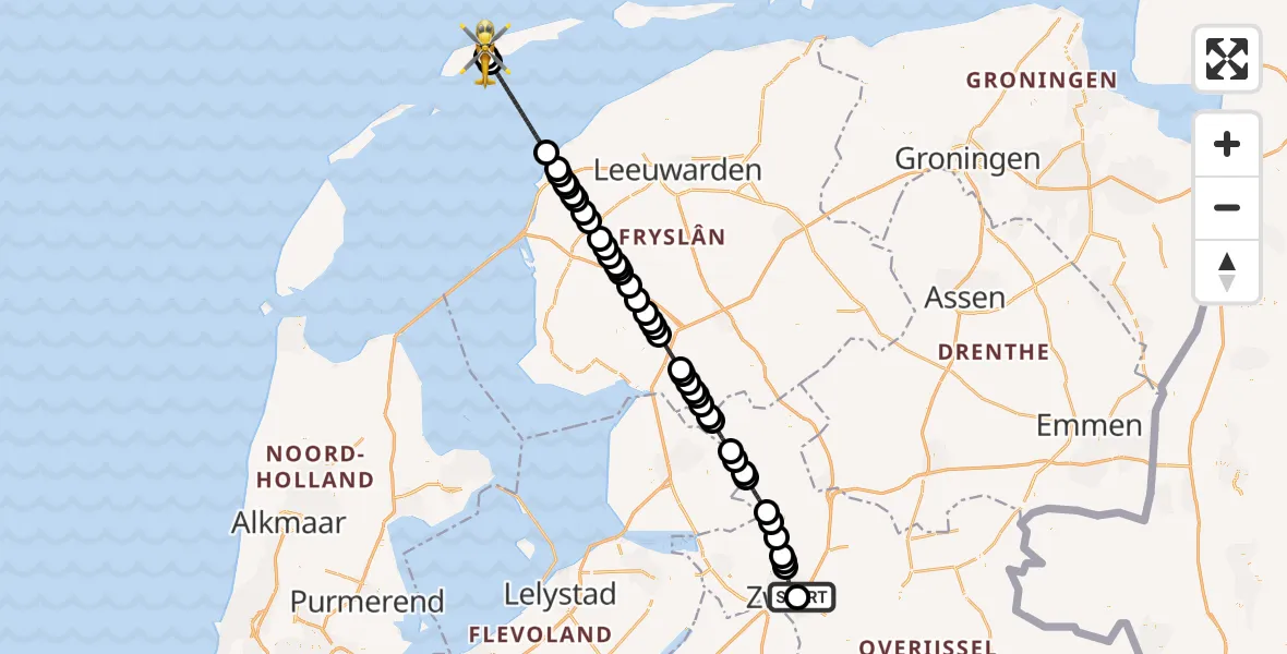 Vluchtroute Ambulancehelikopter Isala Hospital Zwolle Heliport - Terschelling Heliport, 15 juni 2026, 14:29