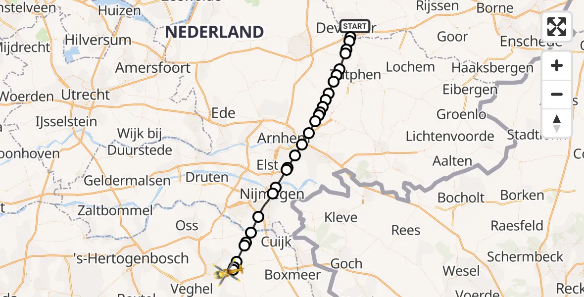 Vluchtroute Traumahelikopter Deventer - Vliegbasis Volkel, 15 juni 2026, 14:33