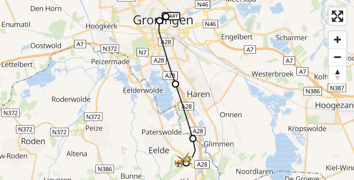 Vluchtroute Traumahelikopter Universitair Medisch Centrum Groningen - Groningen Airport Eelde, 15 juni 2026, 14:37