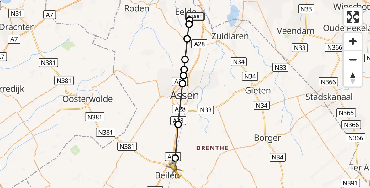 Vluchtroute Traumahelikopter Groningen Airport Eelde - Beilen, 15 juni 2026, 15:02