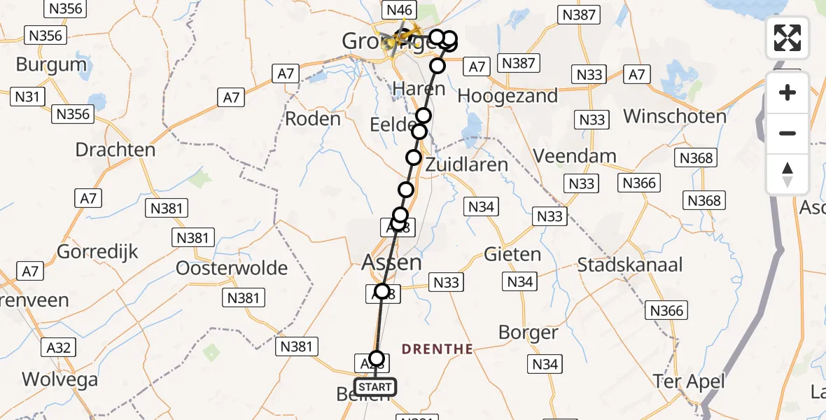 Vluchtroute Traumahelikopter Beilen - Universitair Medisch Centrum Groningen, 15 juni 2026, 15:54