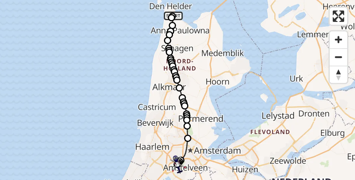 Vluchtroute Politiehelikopter Militair vliegveld De Kooy / Den Helder Airport - Amsterdam Vliegveld Schiphol, 15 juni 2026, 16:30