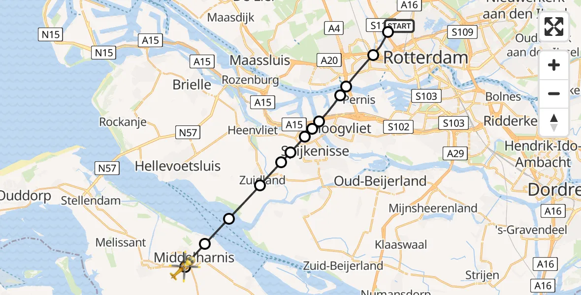 Vluchtroute Traumahelikopter Rotterdam The Hague Airport - Sommelsdijk, 15 juni 2026, 17:47